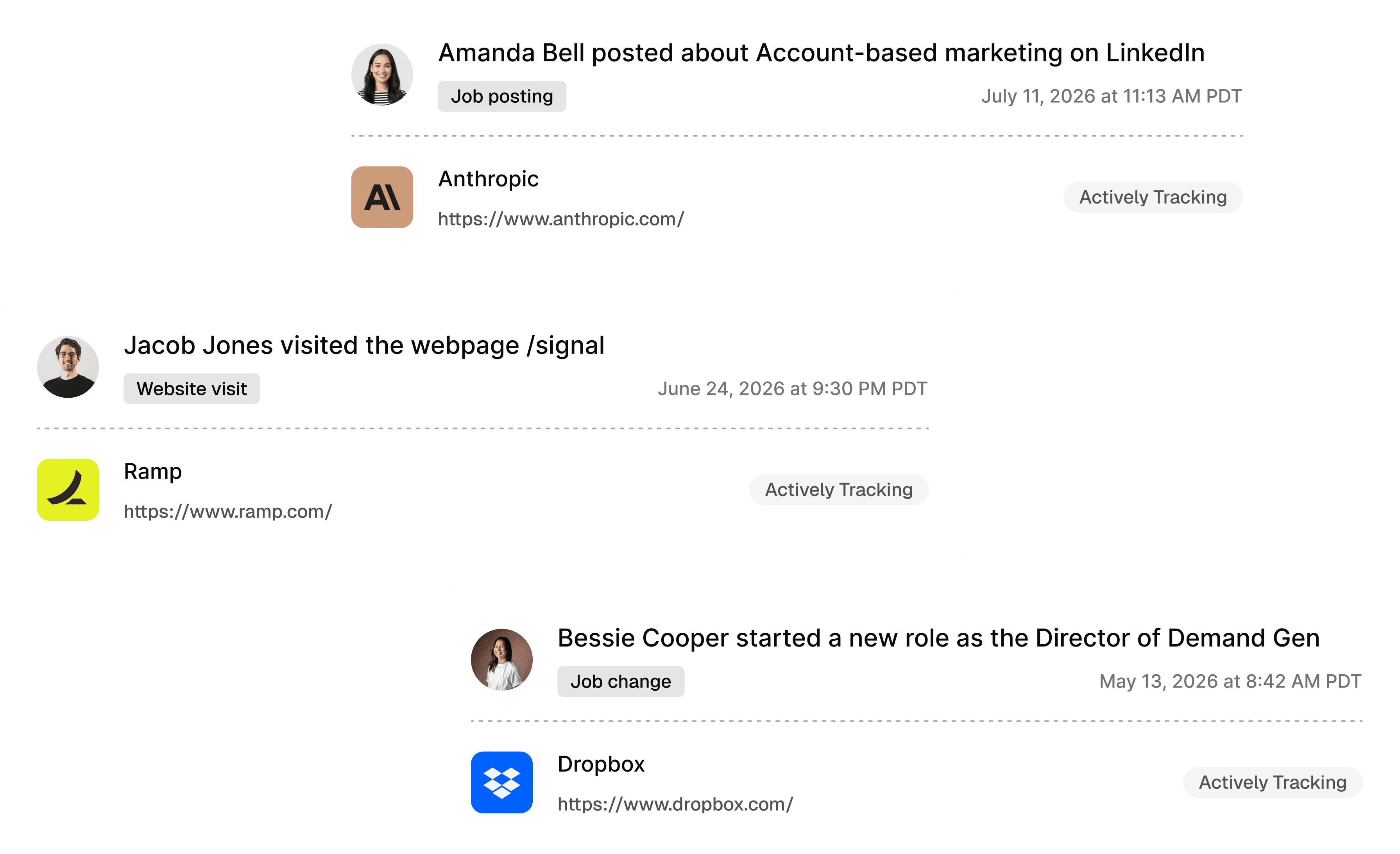 A feed of live signals: a LinkedIn post about account-based marketing, a webpage visit, and a new-role change, each paired with a company being actively tracked.